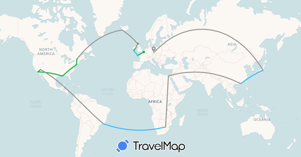 TravelMap itinerary: driving, bus, plane, boat in Brazil, Canada, China, Czech Republic, Egypt, France, United Kingdom, Ireland, Iceland, Japan, United States, South Africa (Africa, Asia, Europe, North America, South America)